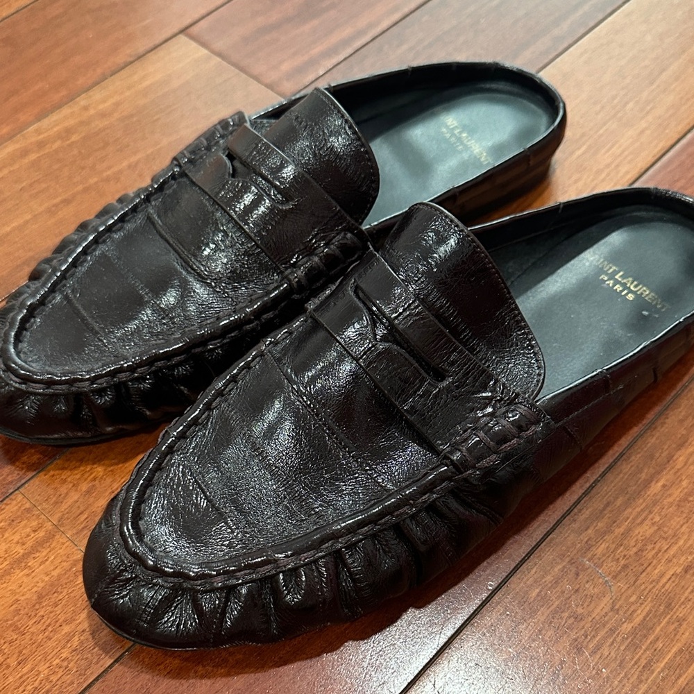 Saint Laurent Dark Brown Leather Penny Slip-On Mules
